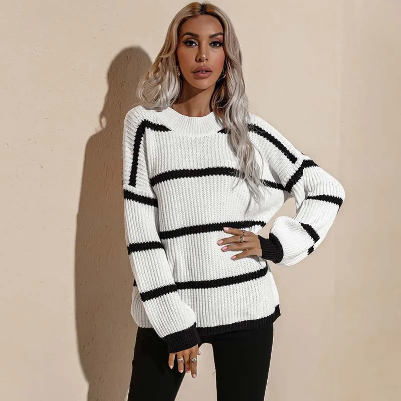 

Knitted Sweater Women Fashion Striped Pullovers Autumn Winter Loose Sweater Korean College Style Jumper Streetwear Sueter Mujer