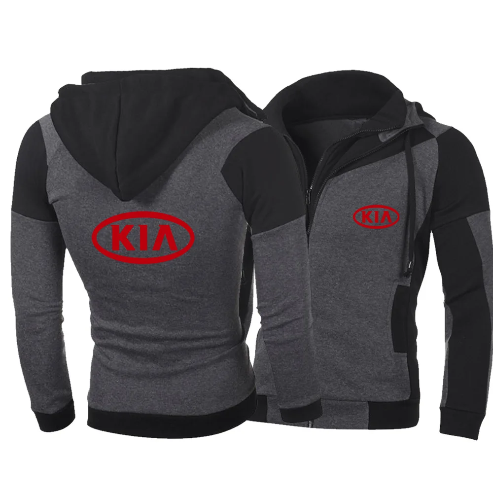 

New Style Men's Spring Autumn KIA Car Logo Casual Fashion Double Zipper Spliced Jacket Long Sleeve Sports Hoodie