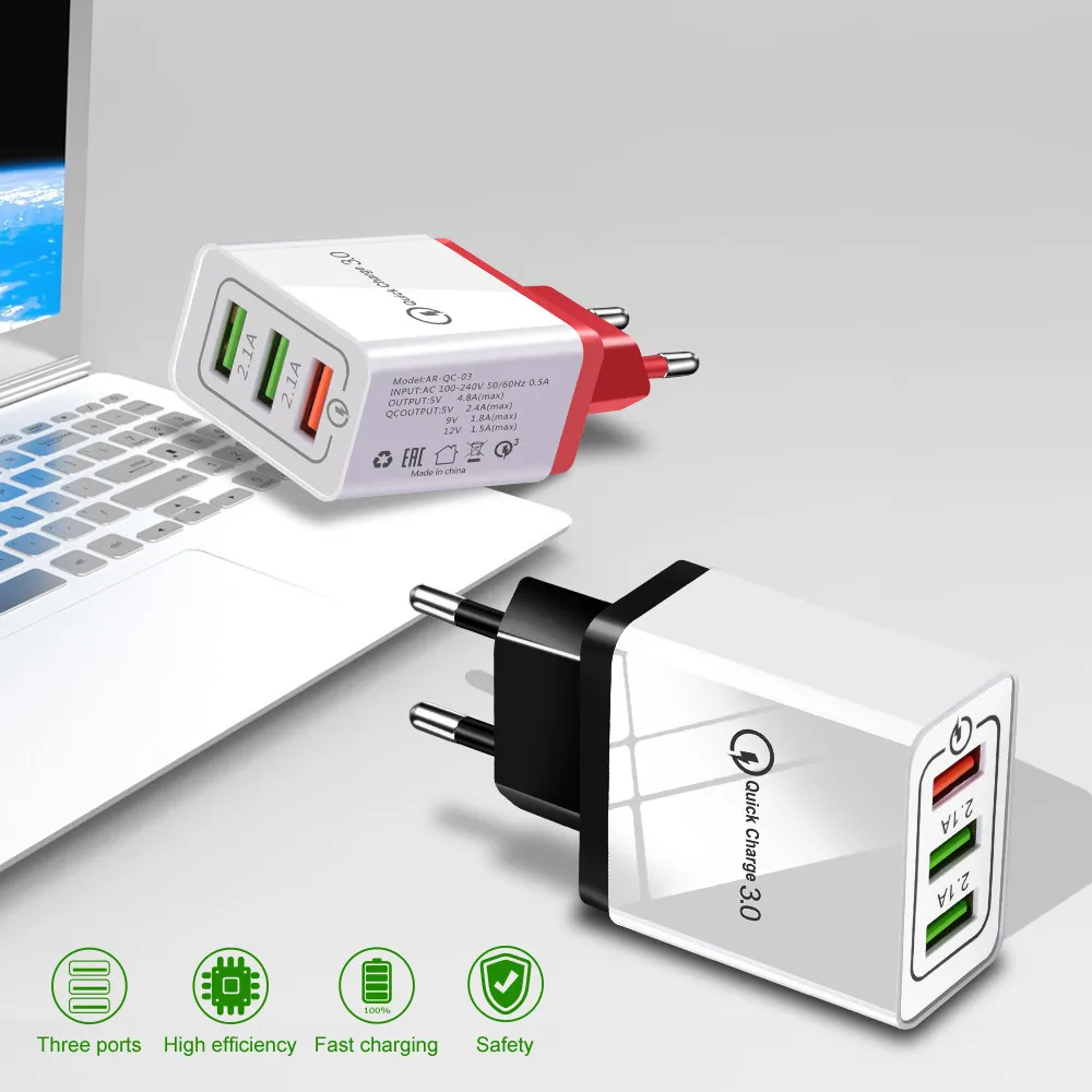 Быстрая зарядка 2.1A 3 USB зарядное устройство для iPhone X XR samsung huawei Xiaomi Redmi Phone Tablet универсальный адаптер для быстрой зарядки ЕС