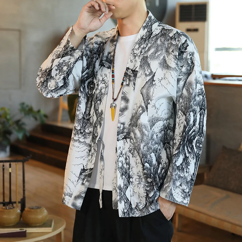 

Chinese Style White Three Quartet Shirt Mens Fashion Retro Shirts Large Size 4XL 5XL Loose Tie Hanfu Mens Top Camisa