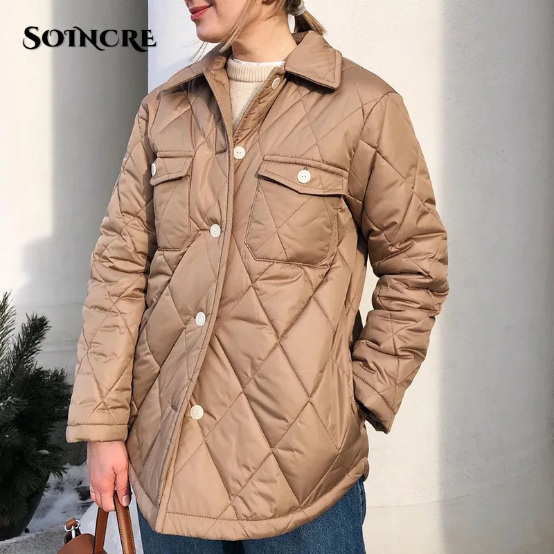 

Casual Parkas Women 2021 Autumn Winter Fashion Argyle ButtonsTurn Down Collar Pockets Cotton Long Coats Elegant Jackets Ladies