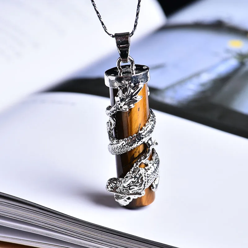 Tiger eye 1 шт. натуральный кристалл минеральные ювелирные изделия дракон кулон в форме колонны guardian Мода Пара кулон ожерелье DIY подарок орнамент - Цвет: Tiger eye