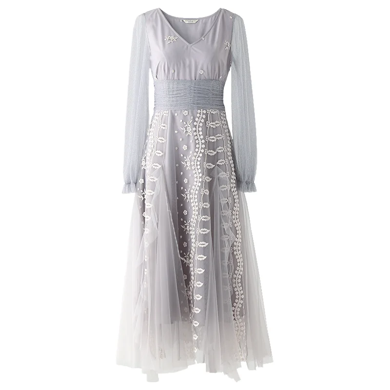 

Женское Сетчатое платье с цветочной вышивкой, элегантное лоскутное платье для отдыха с длинным рукавом и V-образным вырезом, 2022