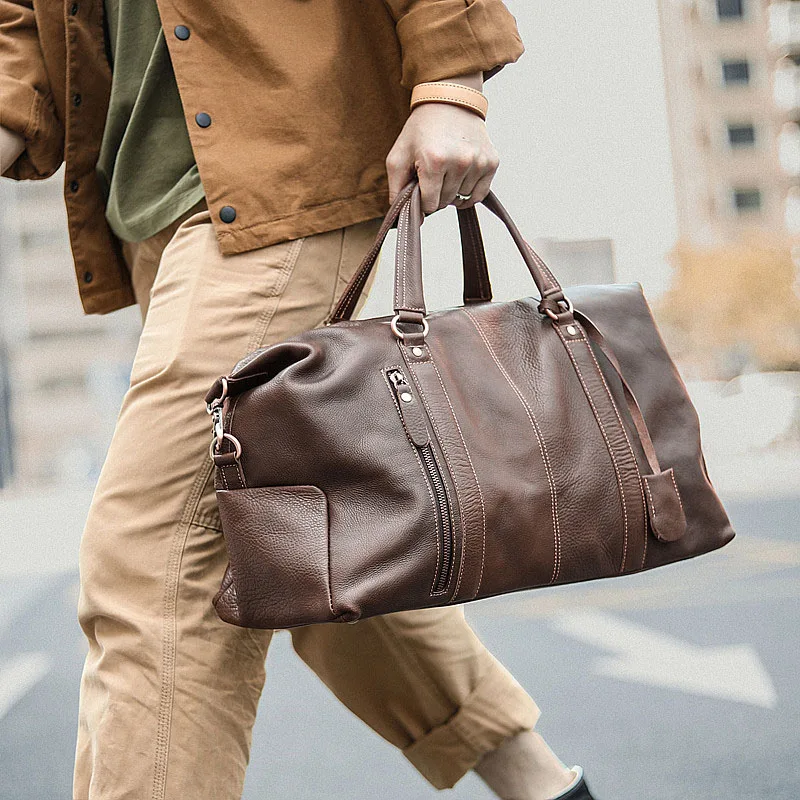 

2021 Vegetable Tanned Leather Men Portable Travel Bag Male Short Distance Travel Large Capacity Bucket Bag Sports Gym Bag