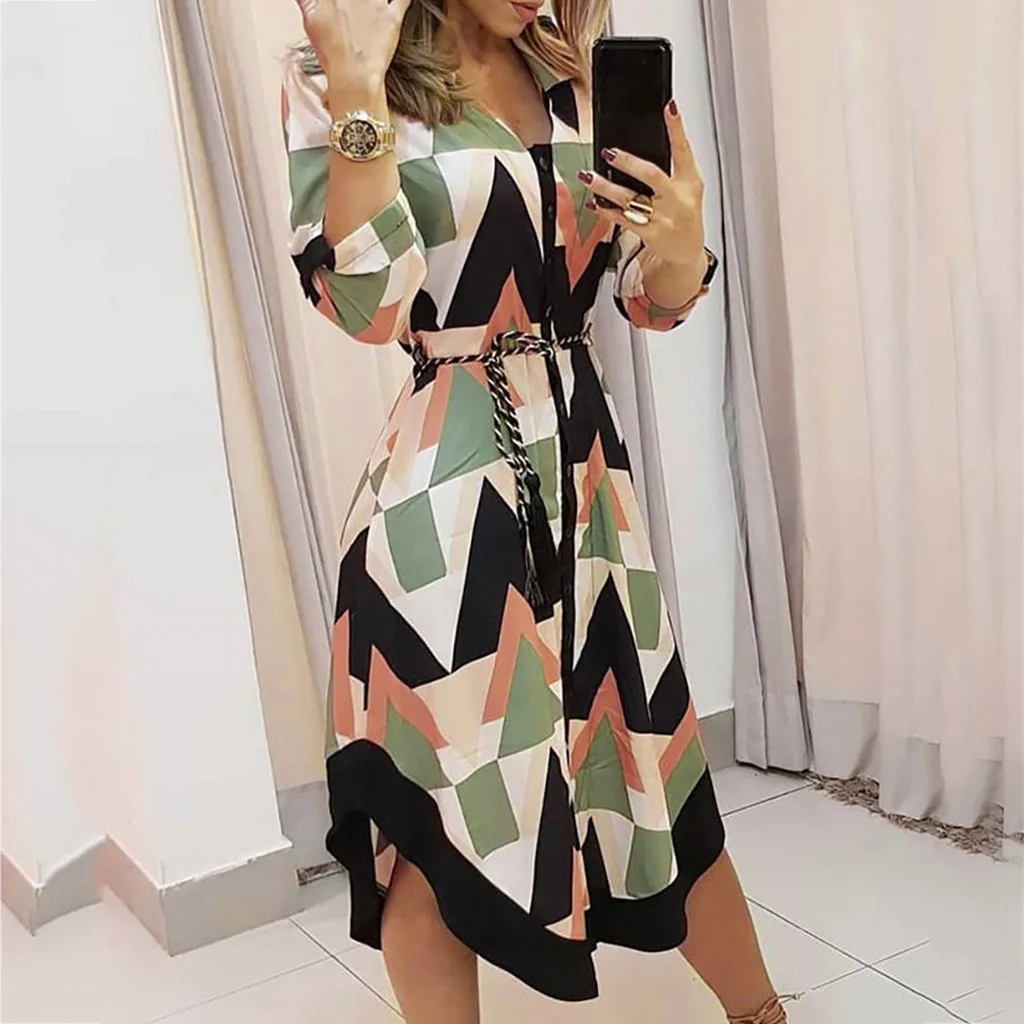 

Spring Summer Lady Cover Up Women's Shirt Dress Wave Print Long Sleeve V-Neck Casual Loose Holiday Midi Dress Plus Size Vestidos