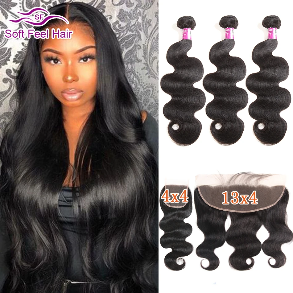 

Soft Feel Hair Brazilian Body Wave Bundles With Frontal Remy Human Hair Ear To Ear Lace Frontal Closure With Bundles 13x4 & 4x4