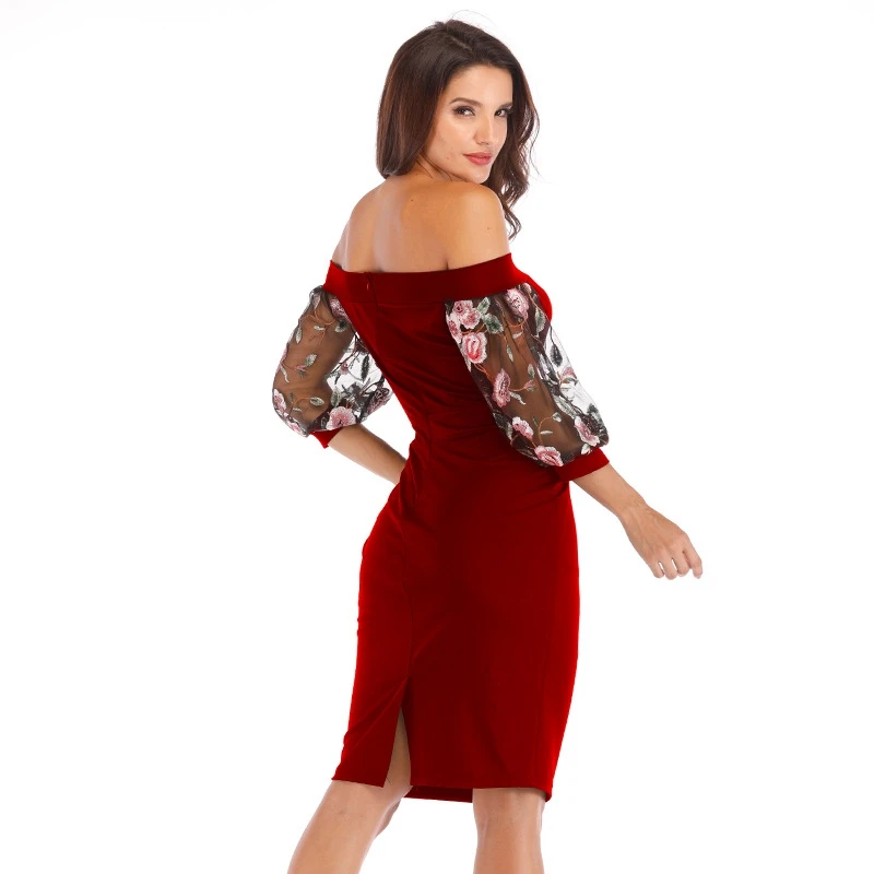 Women Sexy Slash neck Embroidery lace 3/4 sleeve Casual dress suit Lady Elegant work Office Knee-Length Party Pencil dress suit
