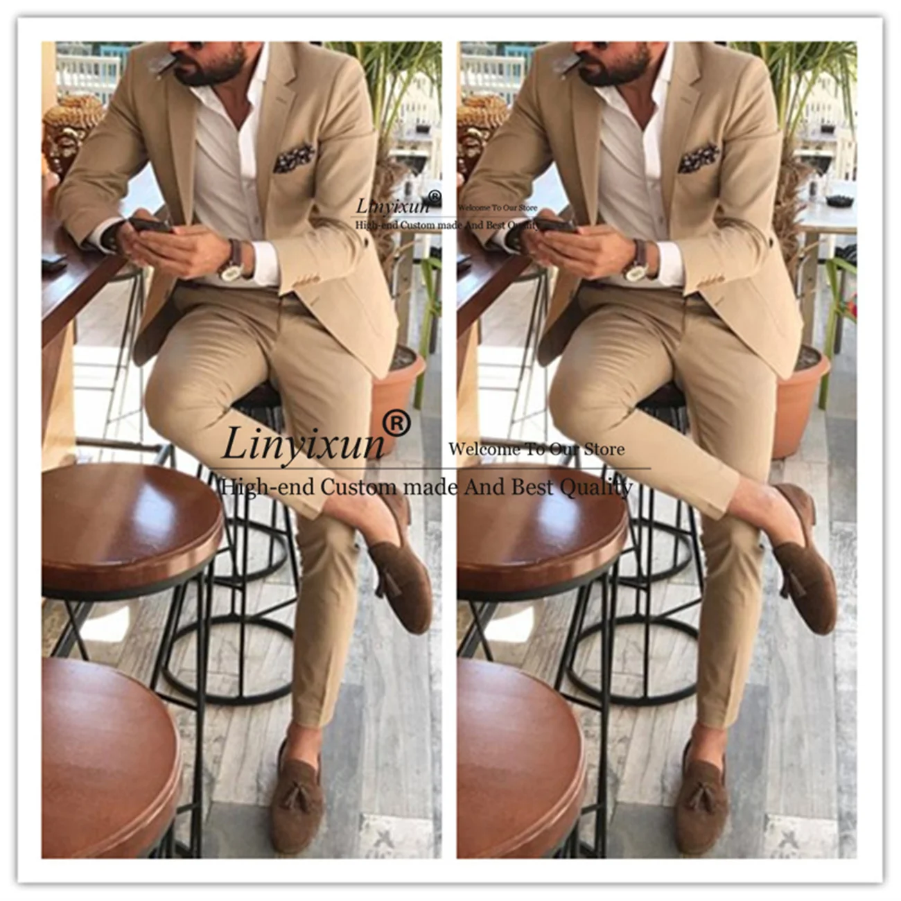 

Khaki Men Suits for Wedding 2 Pieces 2021 Custom Made Business Suit Blazer Peak Lapel Costumize Men Party Suits(Jacket+Pant)
