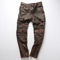dhl free shipping genuine leather pants with pockets designer vintage cow leather motorcycle rider pants male warm long trousers