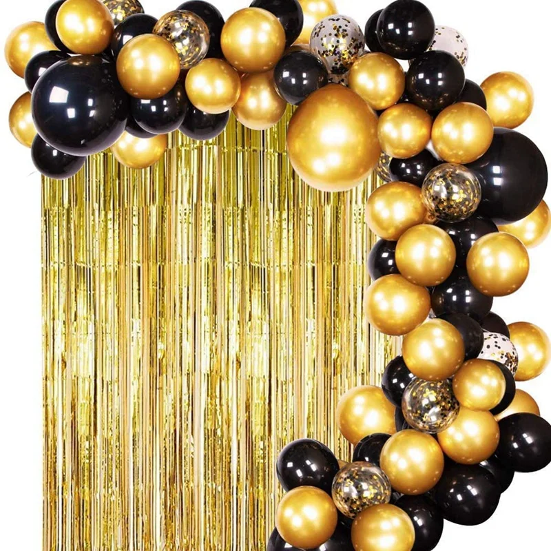

Black Gold Balloons with Gold Tinsel Curtain Black Gold Balloon Garland for Wedding Birthday Party Supplies Decorations