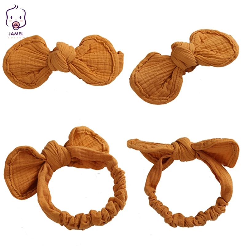 2pcs/set Baby Rabbit Ear Headband Solid Bow Handmade Headbands Elastic Soft Toddler Turban Ties Soft for All Newborn Girl Gifts