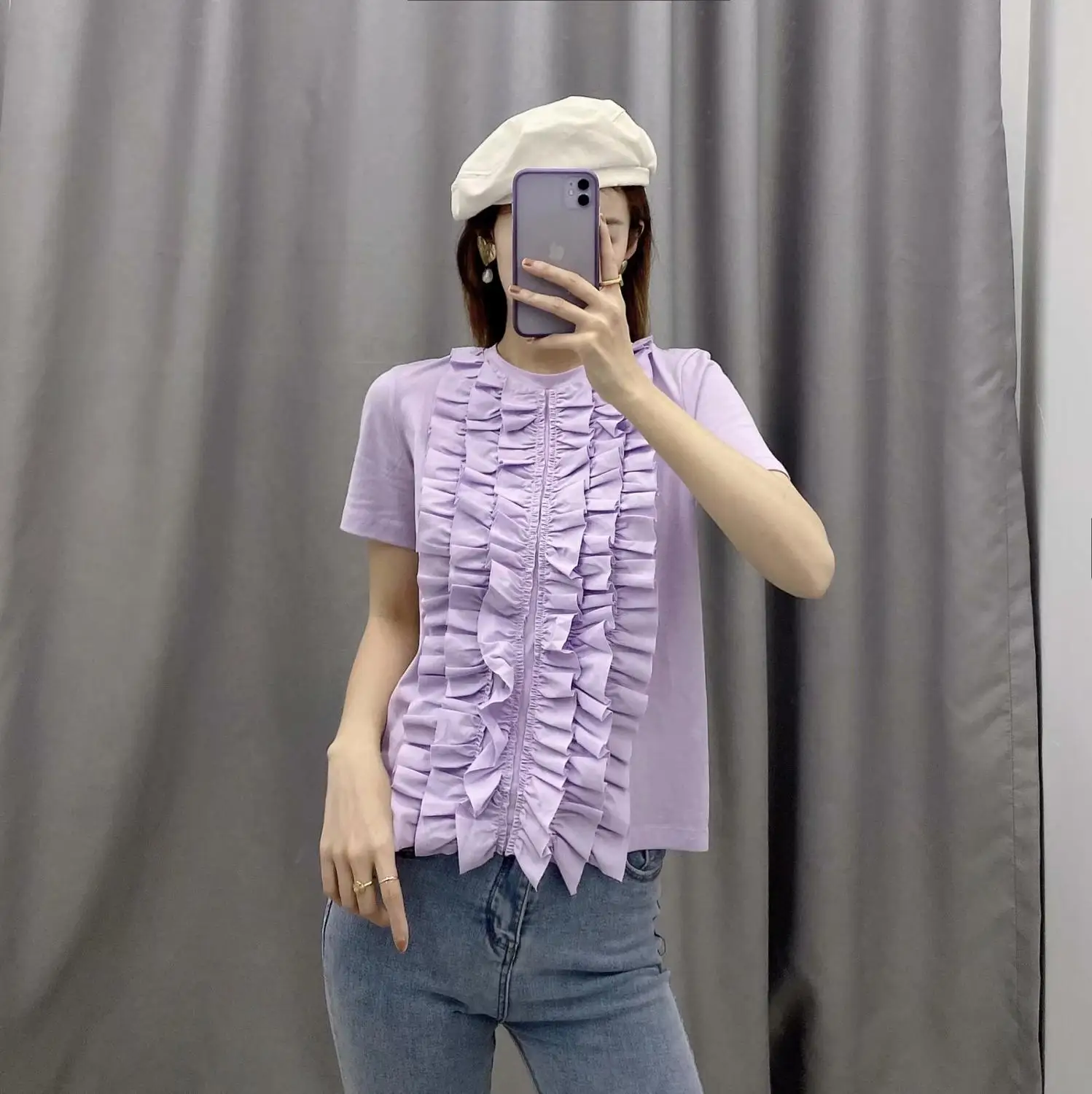 Стильная женская футболка лавандового цвета ZA Camisas Femininas базовая с коротким
