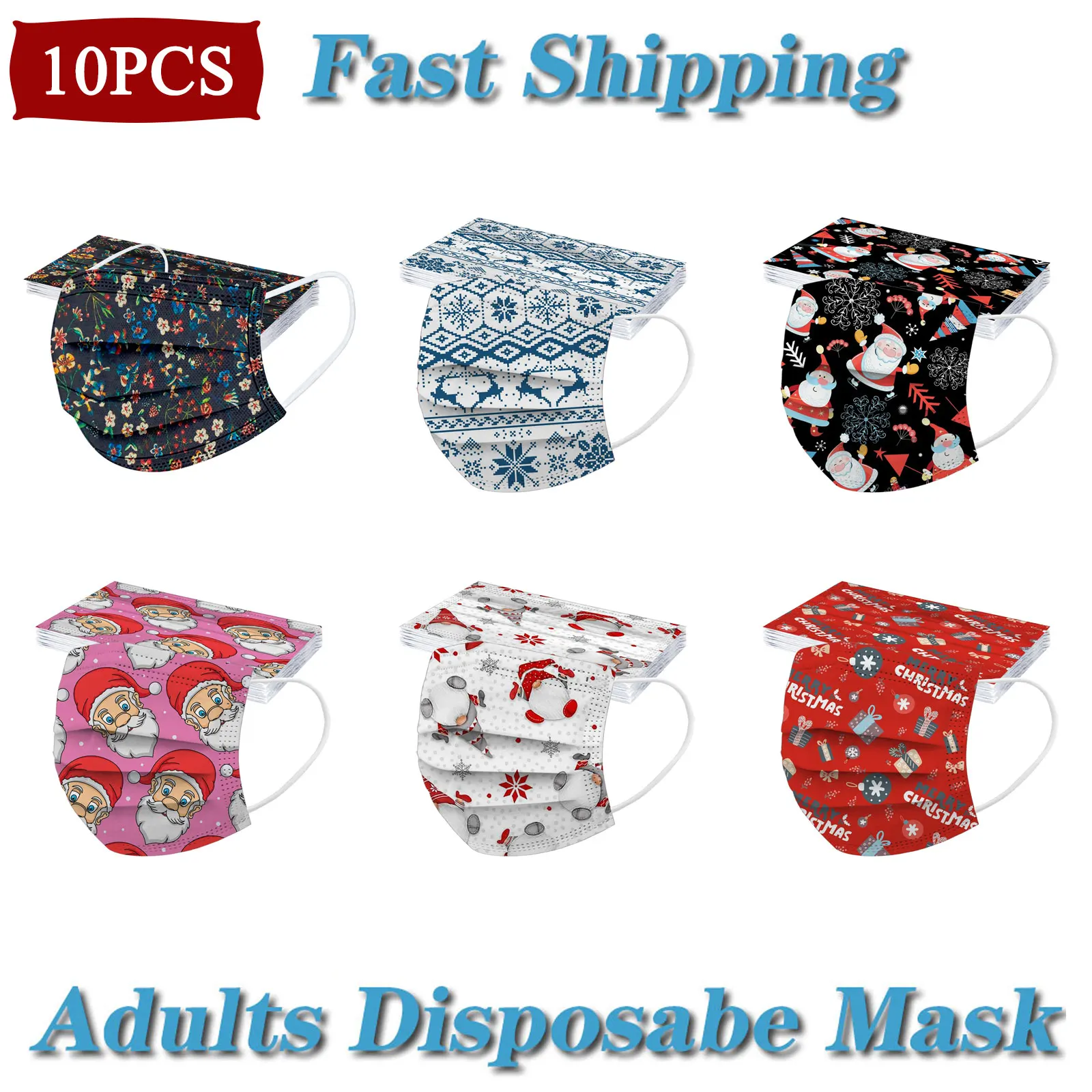 

10PCS Christmas Santa Claus Printed Dust Proof 3ply masques Adult Face Mask Disposable Facemask Unisex Mouth Masks Mascarillas