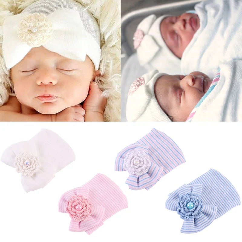 TR Newborn Baby Hat Toddler Baby Warm Hats Cotton Striped Caps Soft Hospital Pink White Boys Girls Bow Beanies for New Born 0-6M