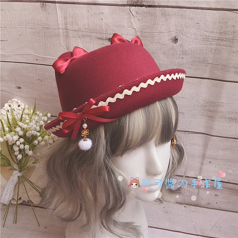 Wine Red Осенне-зимняя шапка в стиле Лолиты, шапка в японском стиле для подростков, милая мягкая плюшевая шапка в виде сердца для сестер лоли, головной убор, украшение для волос ручной работы, косплей - Цвет: Wine Red