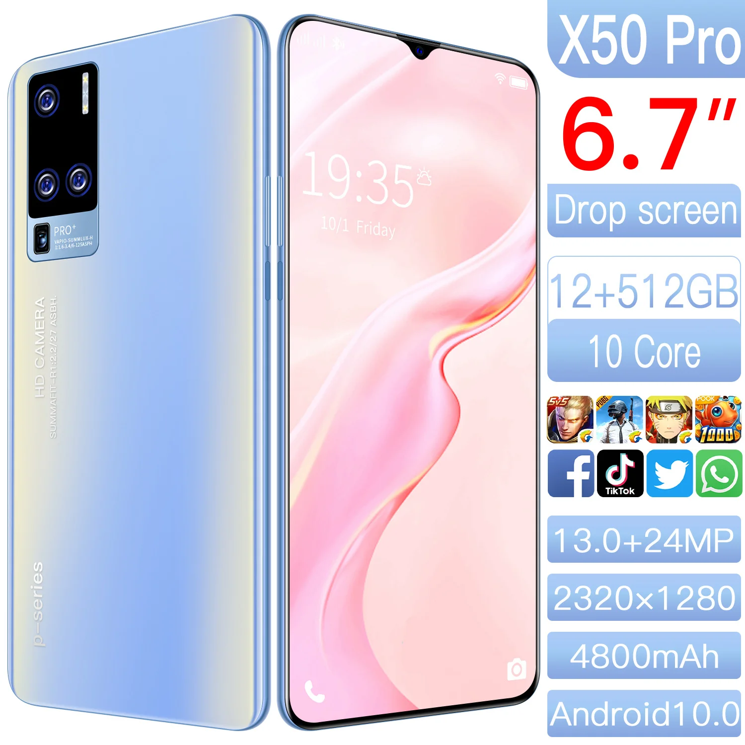 

Galxy X50 Pro Global Version 12GB RAM 512GB ROM Smartphone 13+24MP Camera 6.7 Inch 10 Core Cellphone 4800mAh 5G Game Phone 4G