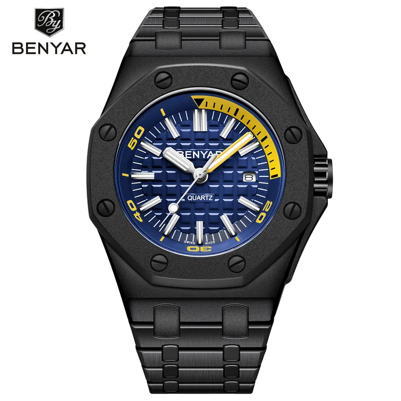 Black Blue BENYAR мужские часы Топ люксовый бренд военные Стальные кварцевые часы мужские s водонепроницаемые спортивные наручные часы повседневные часы Montre Homme - Цвет: Black Blue