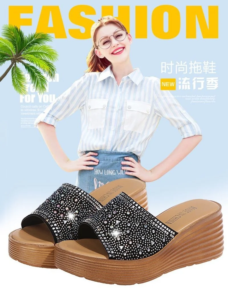 

Sandals and slippers women's summer 2021 fashion outer wear thick-soled high-heeled slope-heel ladies slippers beach shoes