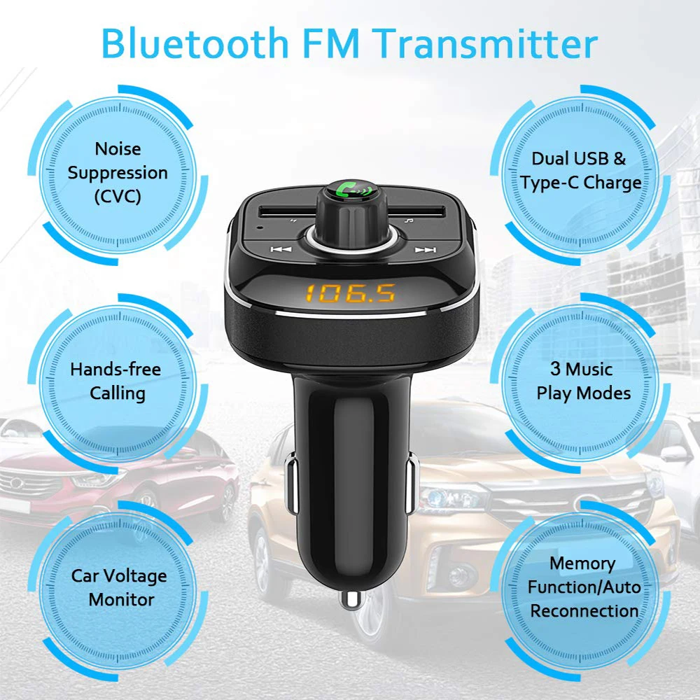 Автомобильный MP3-плеер с Bluetooth fm-передатчиком Hands-free автомобильный комплект двойной USB порт+ type-C Интерфейс быстрой зарядки поддержка TF/SD