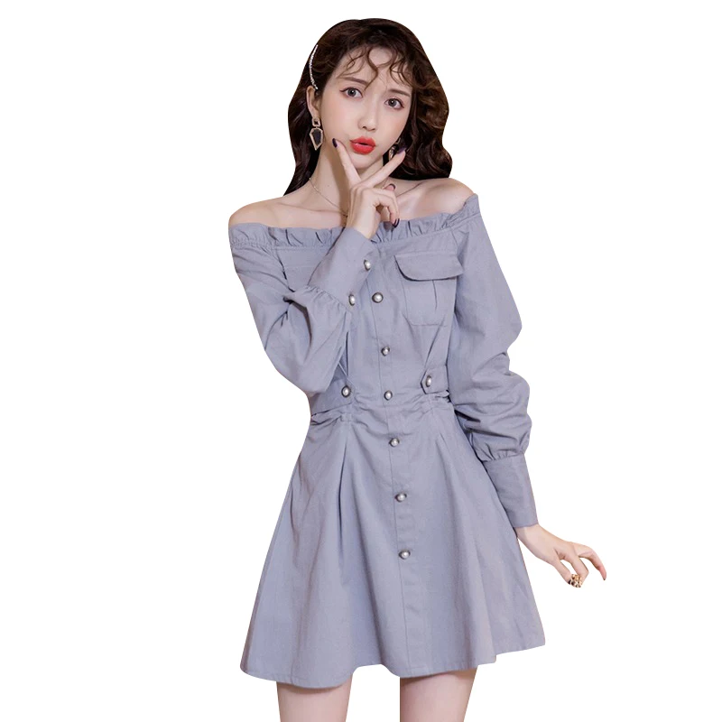

2021spring New French off-Shoulder Waist Slimming Temperament Long Sleeve Youthful Short Kikyou Dress Women