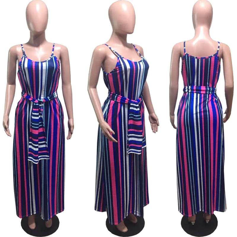 

Newest Spaghetti Strap Women Dress Sleeveless Backless Loose Collect Waist Contrast Color Striped Floor Length Dress Two Pieces