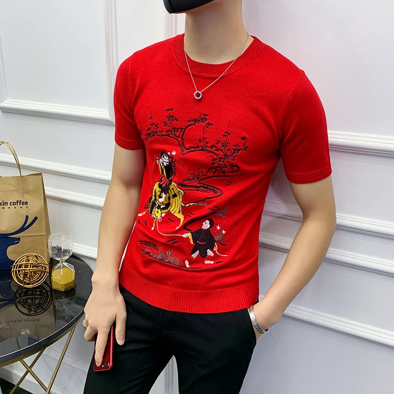Вязаная футболка китайской культуры с коротким рукавом жаккардовым
