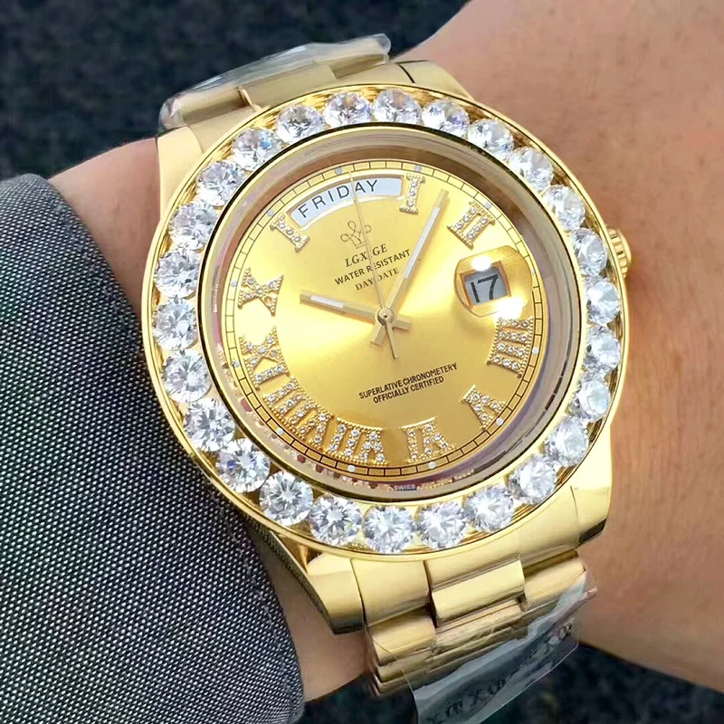 

Gold Big Diamond Brand Iced Out Watch Day Date President Wristwatch Business Reloj A top Luxury Watch Mens Designer Watches 2019