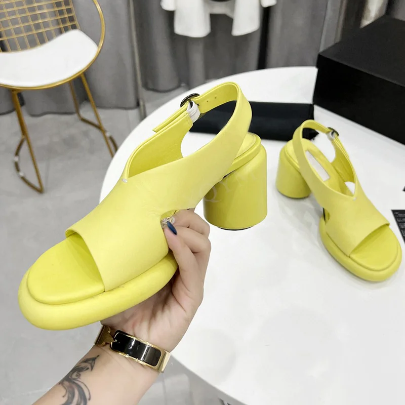 

Women Shoes Summer New Genuine Leather Platform Sandals Round High Heels Buckle Strap Designer Shoes Narrow Band Chaussure Femme