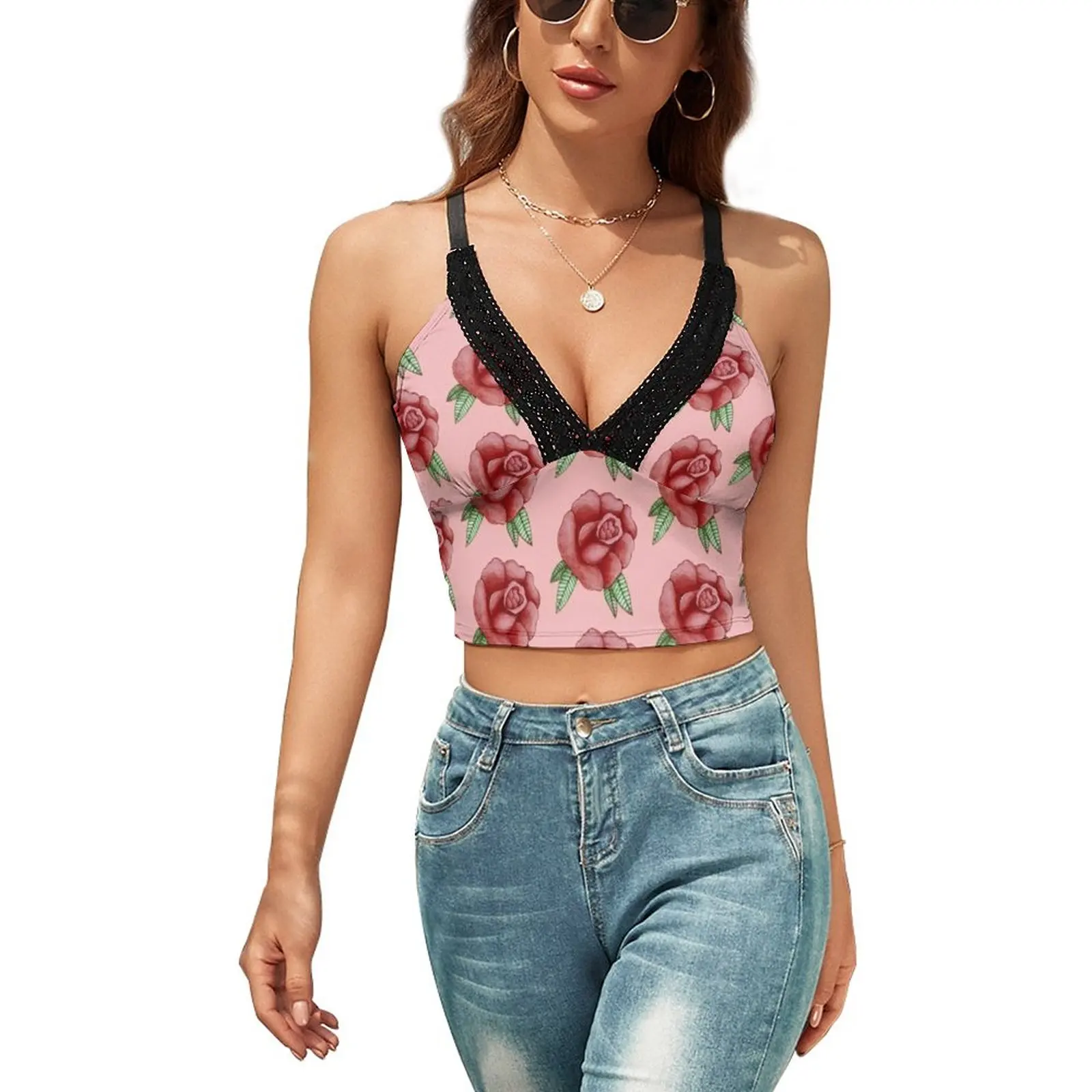 

Tattoo Tank Top Lace Print Funny Camisole Club Ladies Fashion Crop Top