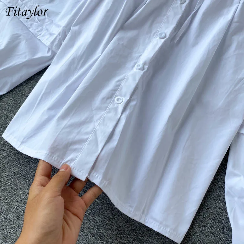 

FTLZZ New Autumn Vintage Bow Puff Sleeve Bead Decoration Shirt Top Casual Loose Single Breasted Solid Long Sleeve Shirt