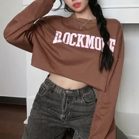 harajuku letters print oversized hoodie long sleeve sexy short y2k grunge show waist brown kawaii womens sweater winter blouse