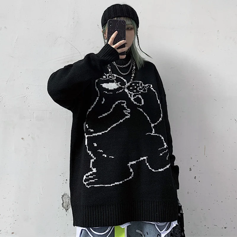 Свитер женский с мультяшной вышивкой винтажный свободный Трикотажный Хлопковый