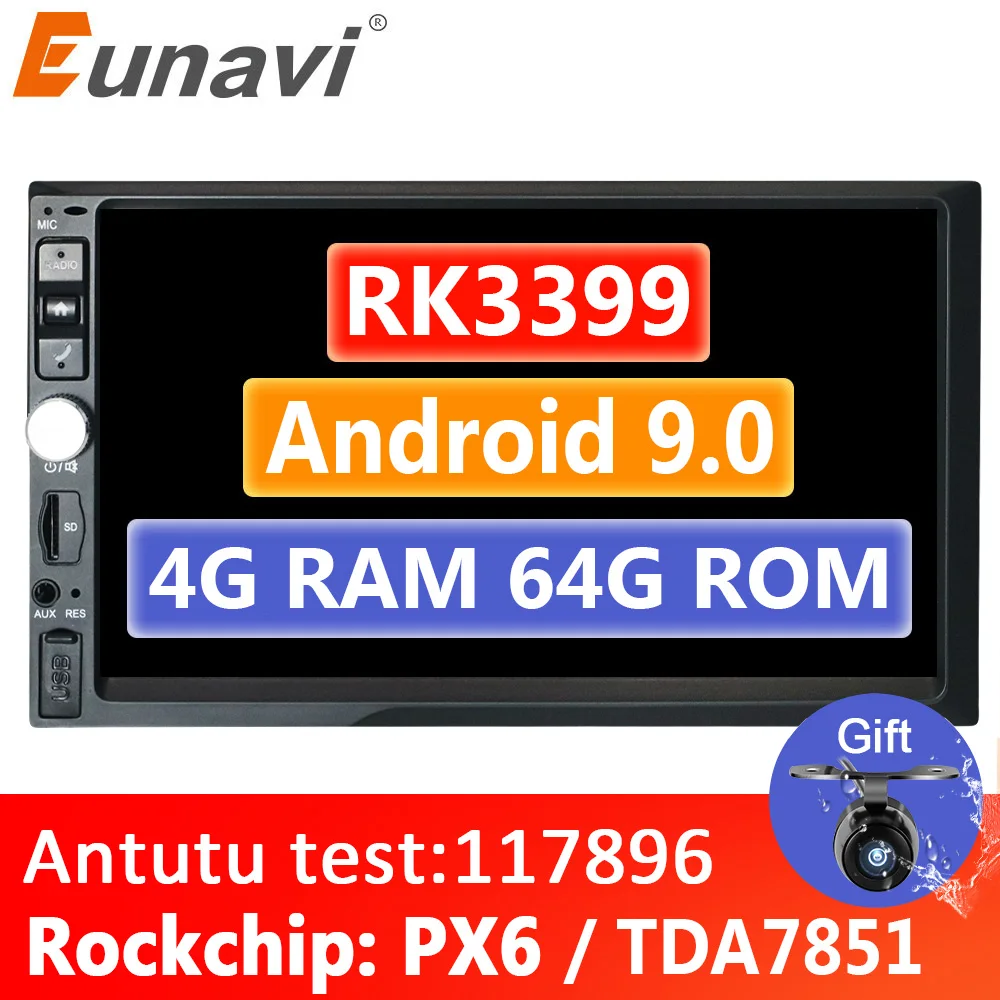 Eunavi 2 Din 7 ''TDA7851 Android 9 4G 64G Восьмиядерный универсальный автомобильный Радио Аудио Стерео gps навигация Мультимедиа 1024*600 без DVD