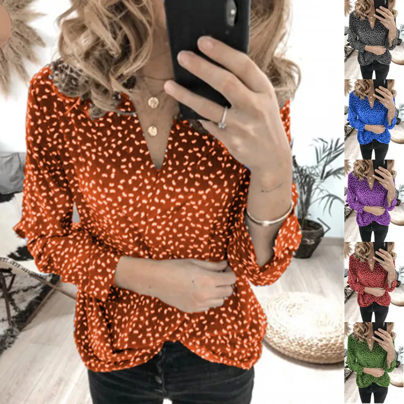 Повседневная шифоновая блузка новинка с принтом в горошек v-образный вырез