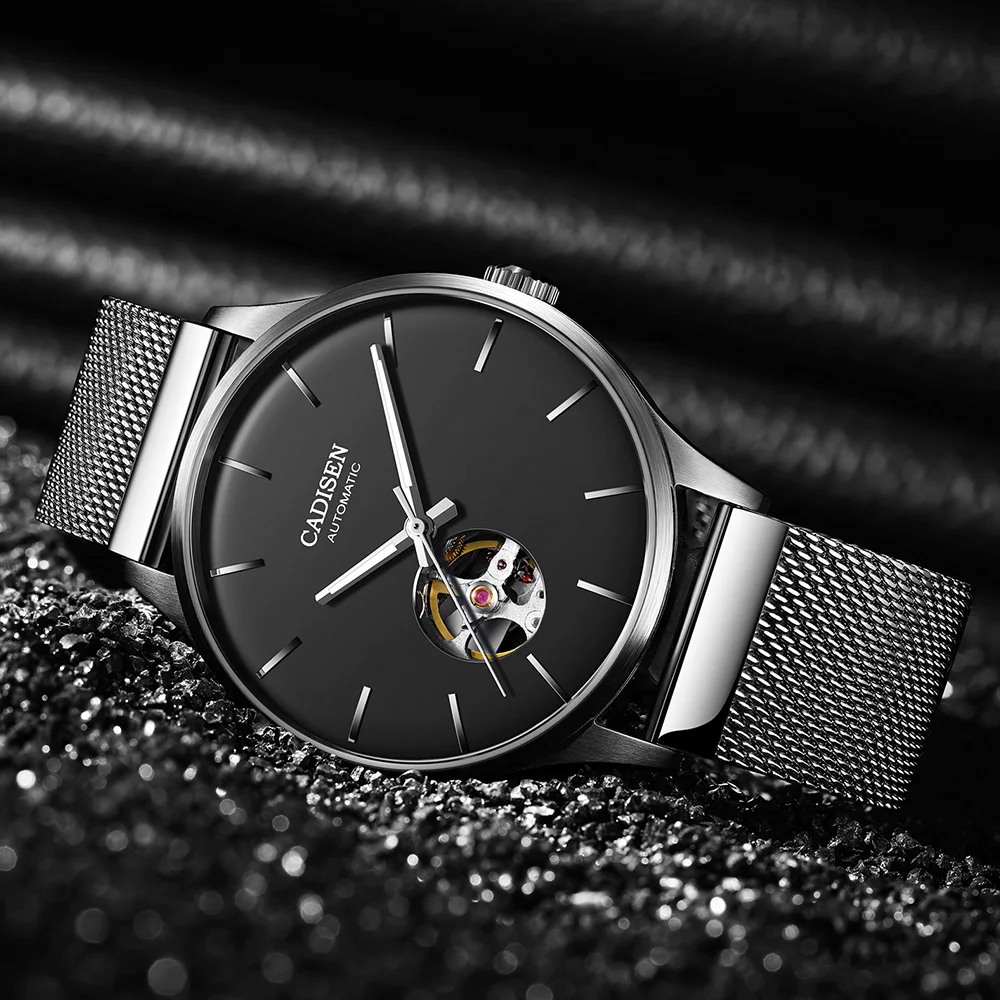 

CADISEN Mens Watches Luxury Brand Mechanical Watch for Men 50M Waterproof Sapphire Skeleton Automatic Watch Men Steel Mesh Band