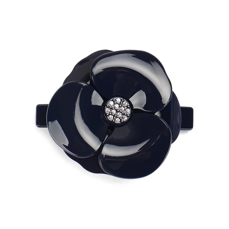 

Hot Sale Camellia Hair Barrettes Acrylic Big Size Flower Hair Clip Clear Rhinestone Hair Accessory for Women