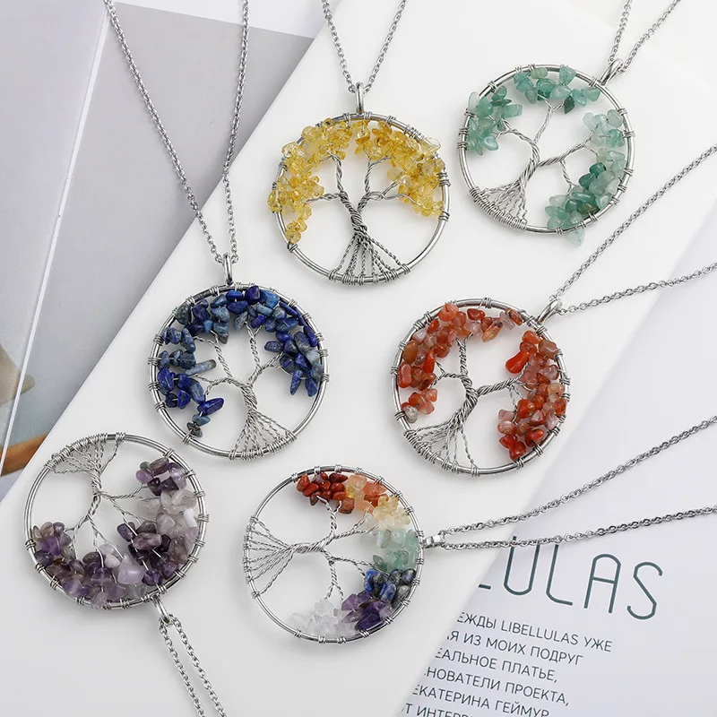 

Natural Stone Crystal Tree of Life Necklace 7 Cai Fa Cai Gather Energy Good Luck Tree Pendant Ring Jewelry Jewelry Gift