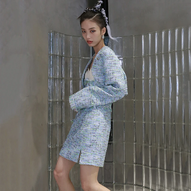 

[EAM] Women Blue Tweed Midi Elegant Spaghetti Strap Dress New Sleeveless Loose Fit Fashion Tide Spring Autumn 2021 1DD0248