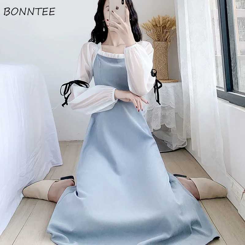 

Long Sleeve Dresses Women Lace-up Patchwork Fashion French Style Leisure Autumn Simple Elegant Comfortable Vestidos Feminino New