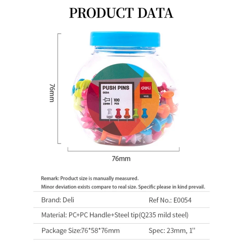 

Deli Push-pin Pin color mixed pack 100 pcs/barrel PC handle + steel pin material is not easy to rust