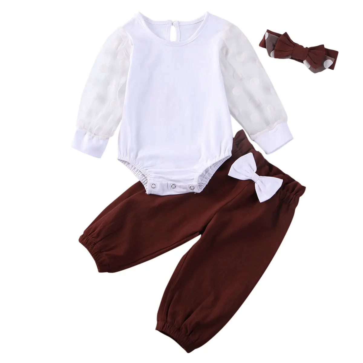 

2020 Fall Newborn Baby Girls Clothing Set Toddler Mesh Long Sleeve Polka Dot Print Top + Bowknot Long Pants + Headband 0-24M