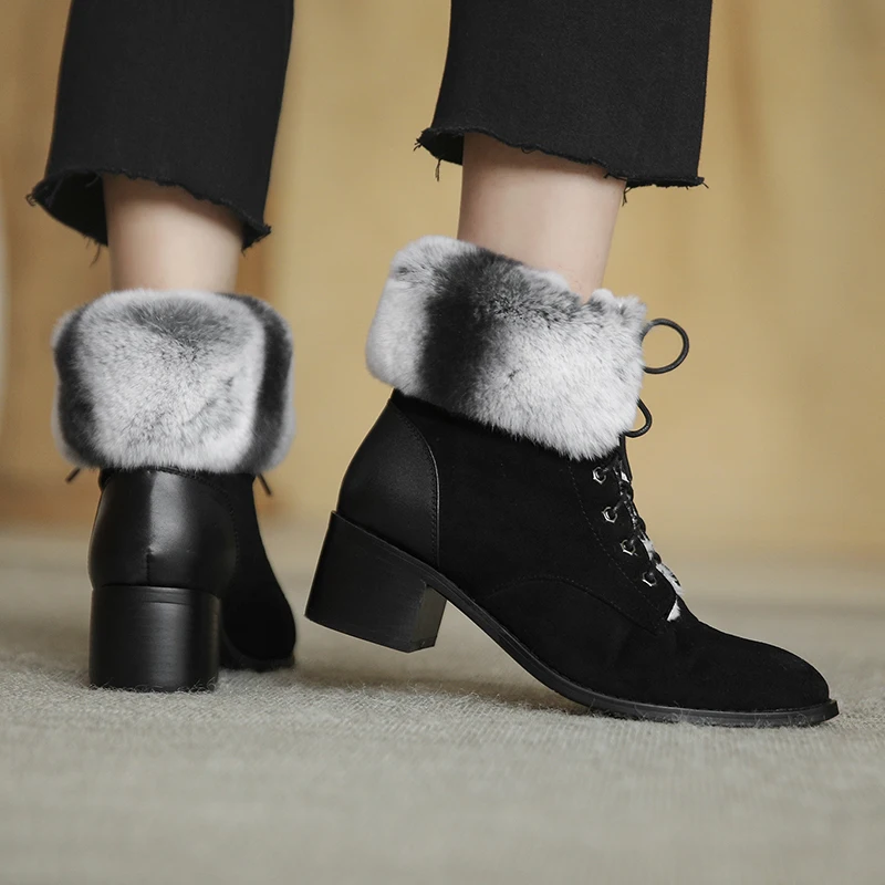spesifikasi Ukuran 34-39 Wanita Ankle Boot Hangat Mewah Musim Dingin Sepatu For Lace-Up Sepatu Hak Tinggi Wanita Boot Wanita Sepatu Bot Salju Musim Dingin Sepatu Hitam