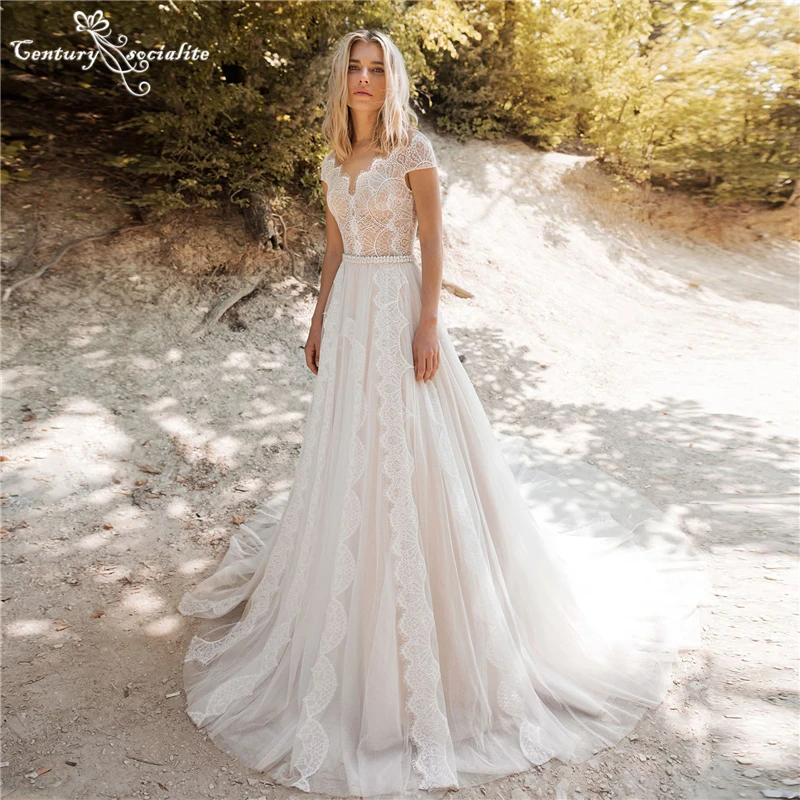 

Boho Wedding Dresses for Women 2022 Bride Dress Lace Appliques Short Sleeve A-Line Bohemian Bridal Gowns Vestidos De Noiva
