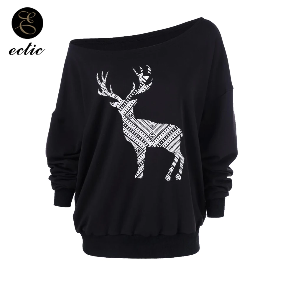 На Одно Плечо Свитшот Спортивная Кофта Рождества Косая Шея Олень Принт Худи