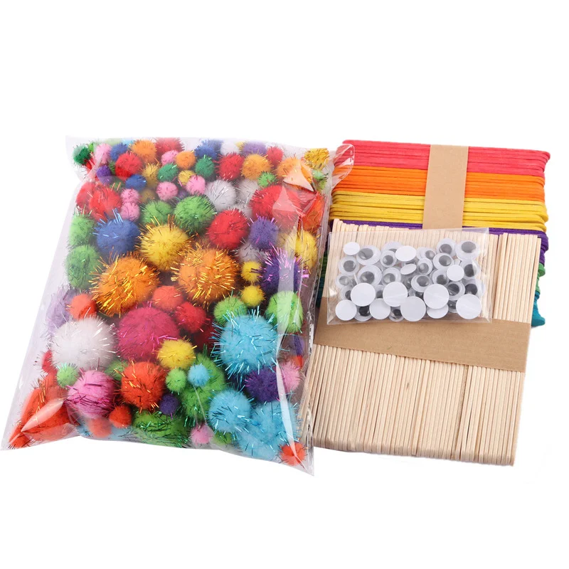 

Handmade DIY Crafts Art Materials Colorful Plush Stick Pompoms Doll Eyes Colored Wooden Popsicle Sticks Creativity Toy for Kids