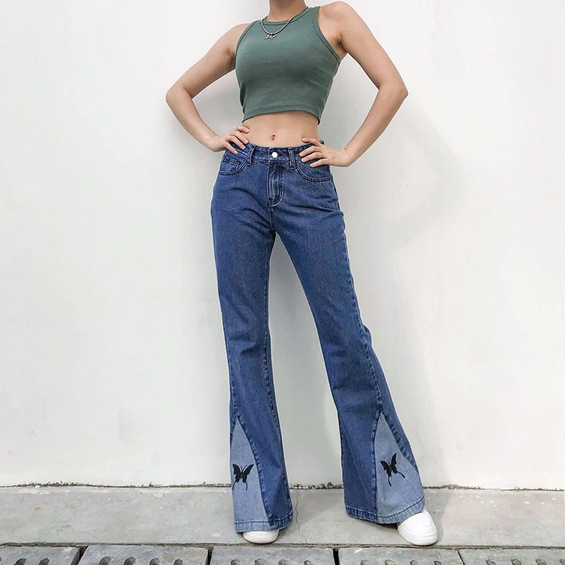 

High Waist Bell Bottom Jeans Women Butterfly Printed Solid Color Zipper Fly Denim Pants Fashion High Street Loose Baggy Trousers