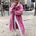 Женское пальто с мехом оверсайз, розовое длинное однотонное пальто из искусственной овечьей шерсти, зима 2021