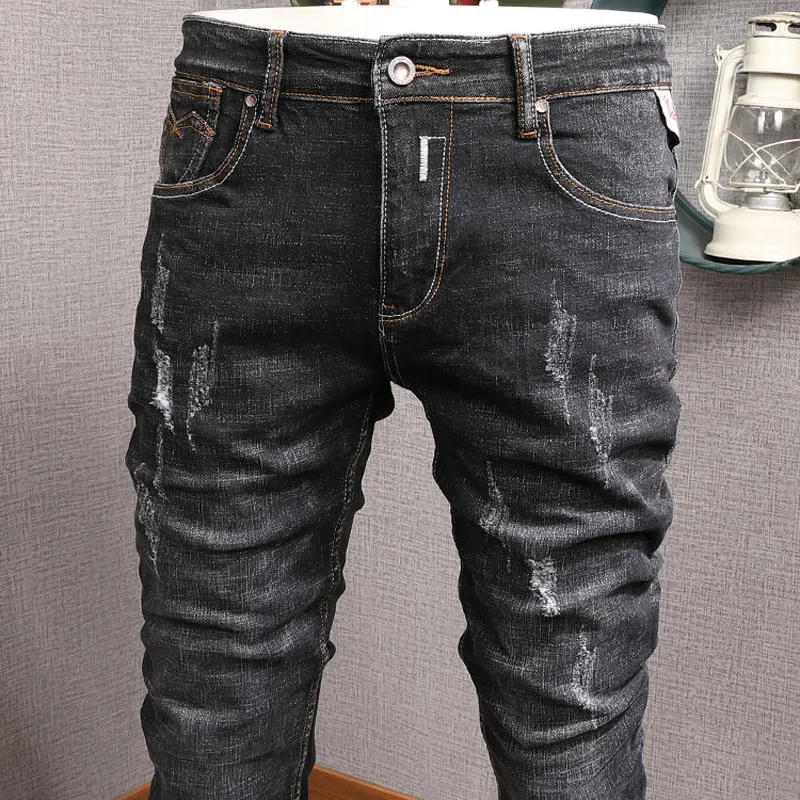 European American Street Fashion Men Jeans Retro Black Gray Slim Fit Ripped Jeans Men Distressed Vintage Designer Denim Pants
