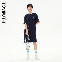 toyouth women dress 2021 summer round neck letter embroidery h line waist drawstring casual dresses