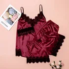 3 шт., женское сексуальное нижнее белье, пижама, атласная кружевная Пижама с v-образным вырезом и бантом, Пижама для женщин, пижама на тонких лямках